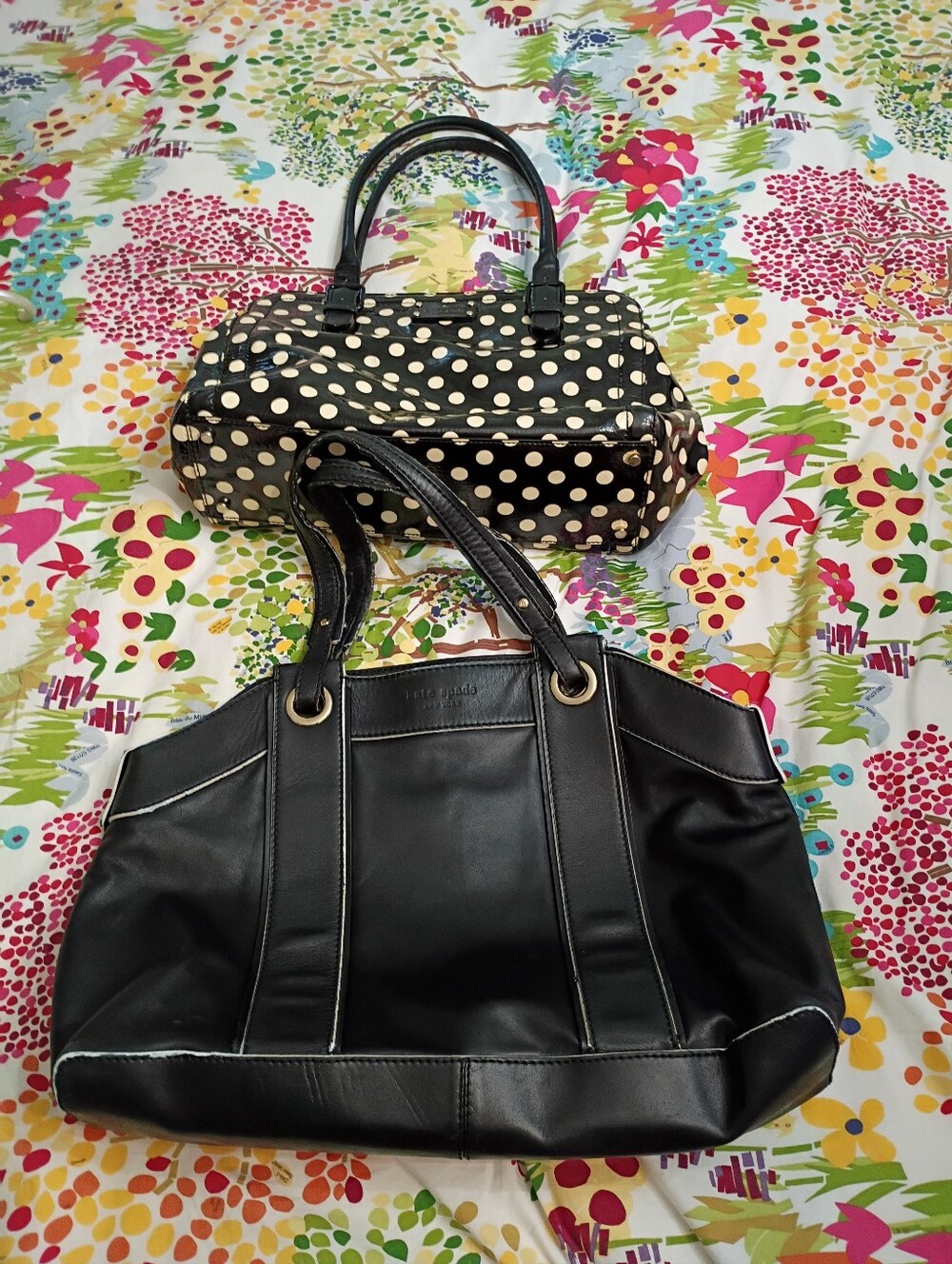 Kate Spade Black & Cream Polka Dot Satchel And Black With White Trim Tote